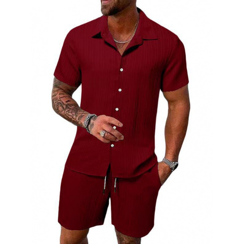 Men's short-sleeve leisure suit with textured design and elastic waistband Lisslune