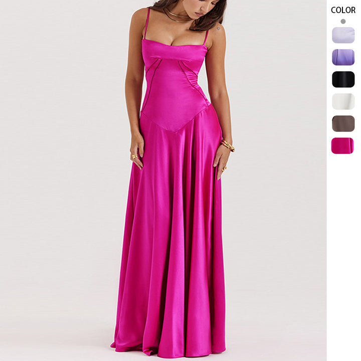 Women's Elegant Maxi Dress with Slim Spaghetti Straps and Flowing Satin Fall Lisslune