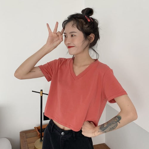 Women Short Sleeve T-Shirt with V-Neck and Casual Cut