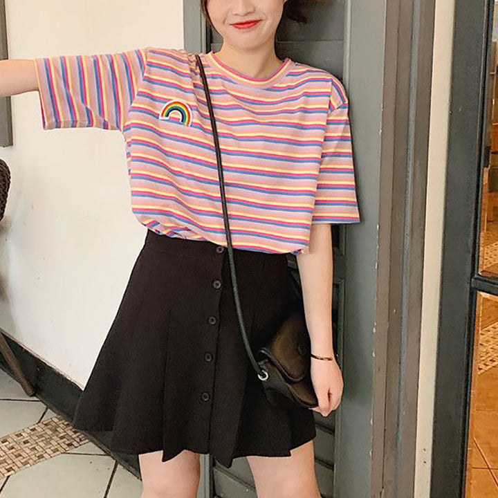 Women's striped T-shirt with colorful rainbow patch Lisslune