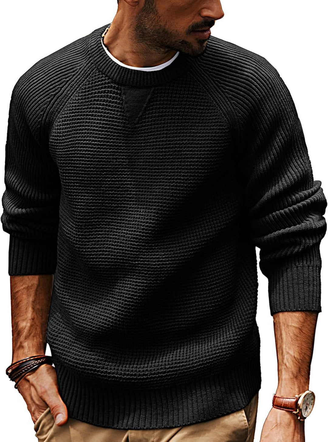 Men's casual knit sweater with textured fabric pattern and round neck Lisslune