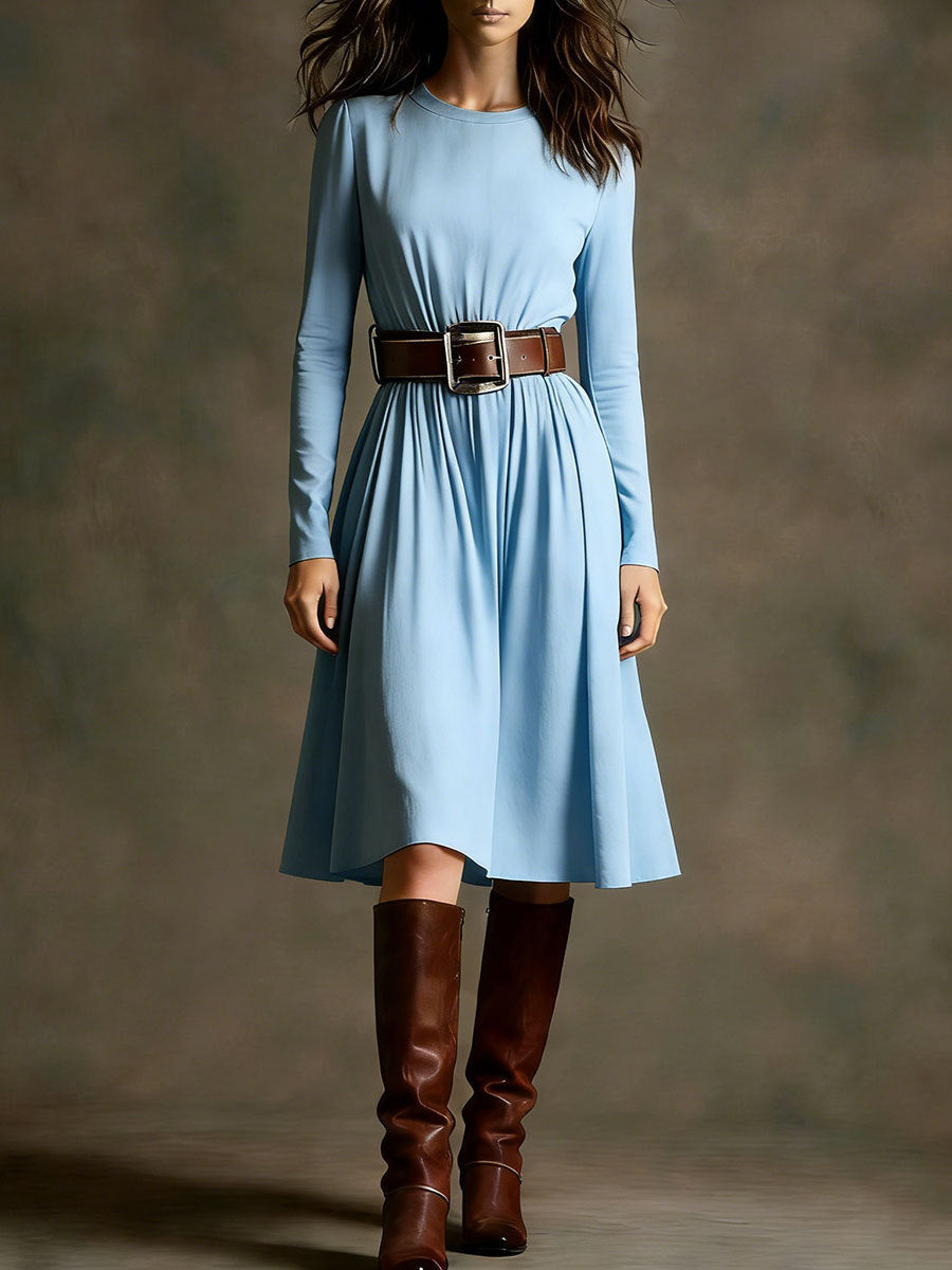 Women Elegant Dress with Long Sleeve and Waist Belt Lisslune