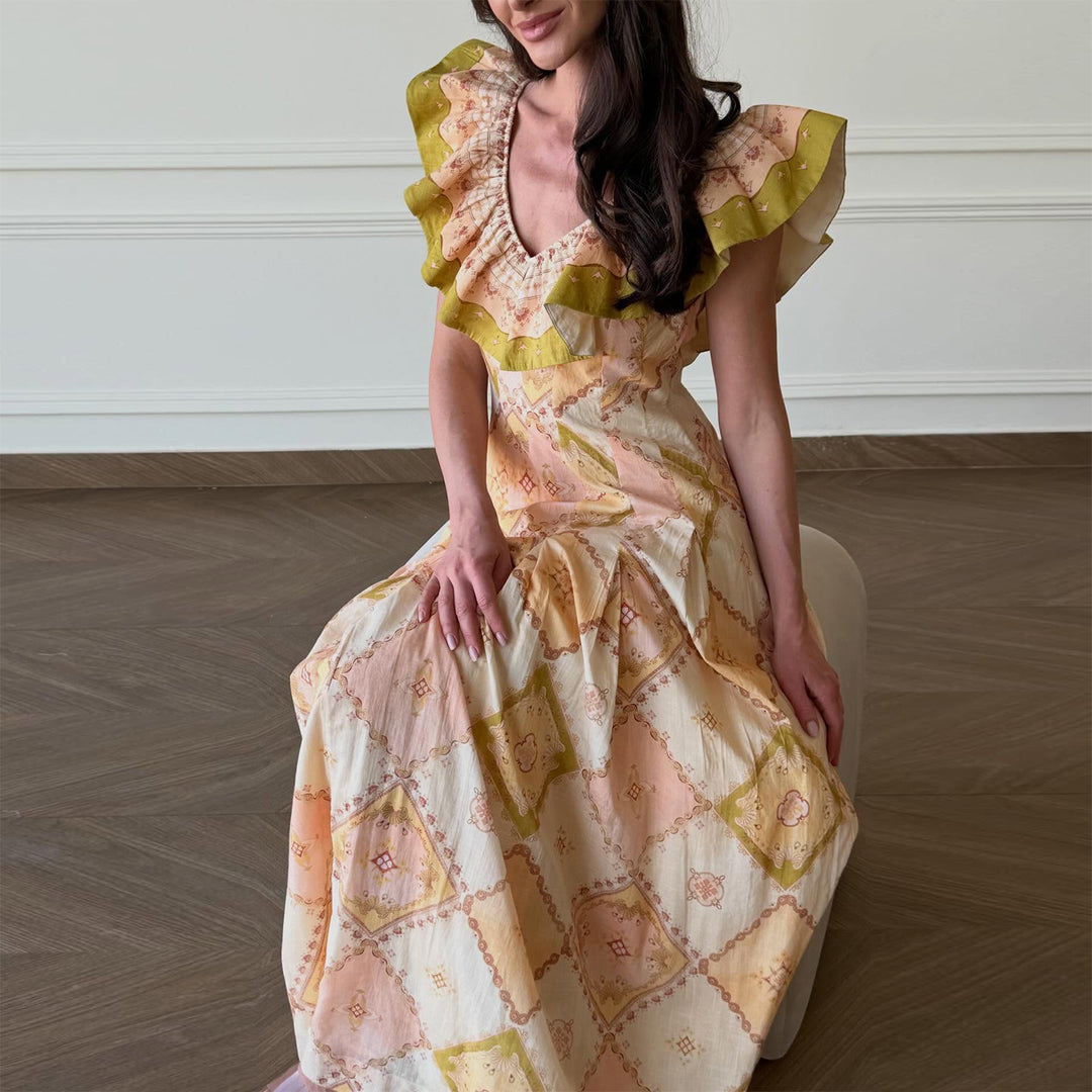 Women's maxi dress with voluminous ruffle details and elegant V-neck Lisslune