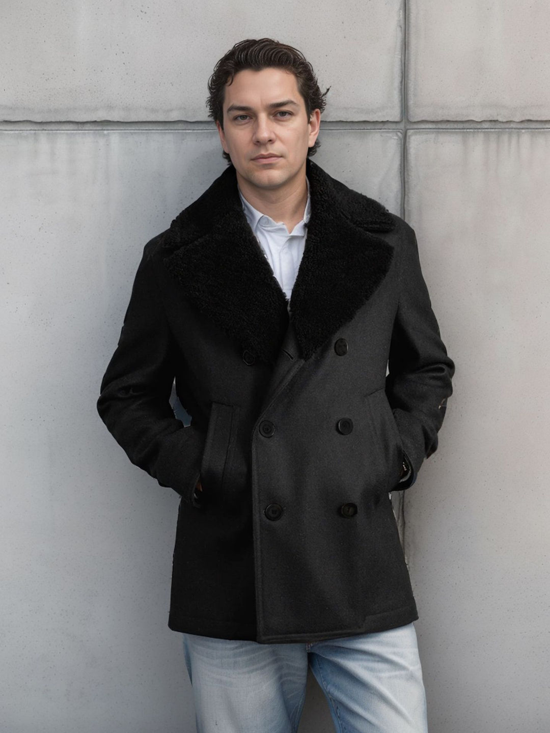Men's fashionable double-breasted wool coat with teddy fur collar Lisslune
