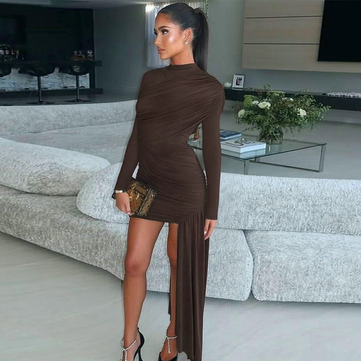 Ladies elegant wrap dress with asymmetrical hem and figure-hugging gathering Lune London