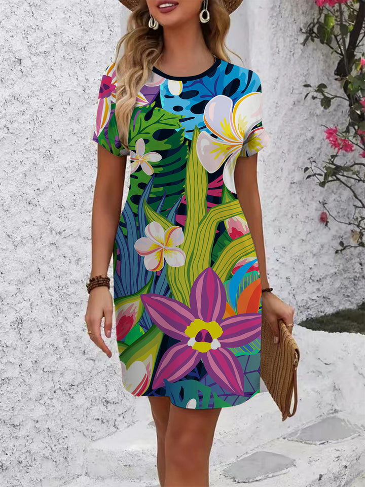 Women Short Sleeve Dress with Botanical Print Lisslune