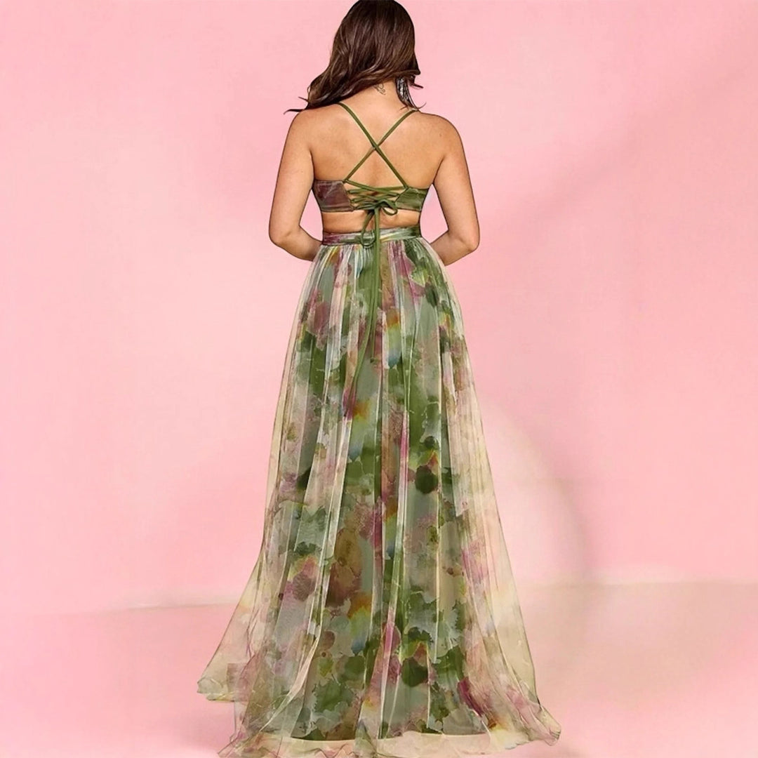Women's maxi dress with floral chiffon design and elegant waistline
