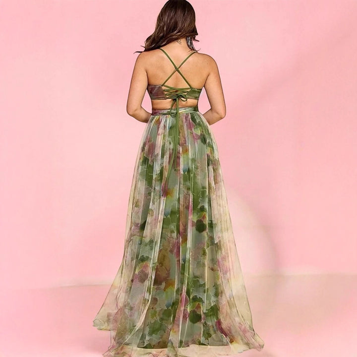 Women's maxi dress with floral chiffon design and elegant waistline