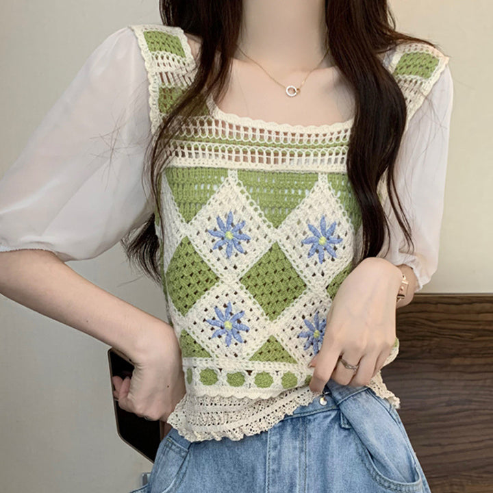 Women's crochet top with transparent puff sleeves and diamond-shaped design