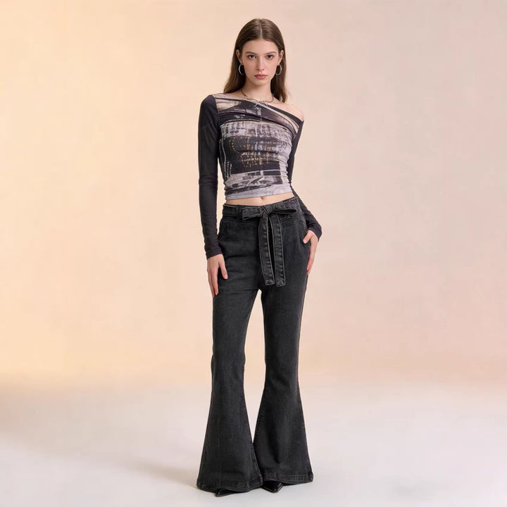 Women Flared Jeans with Belt and High Waist Lisslune