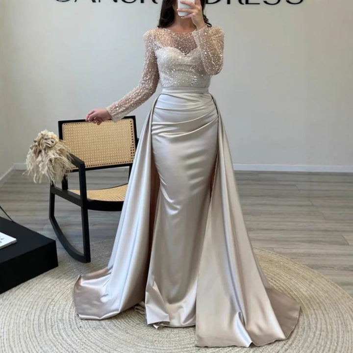 Women Elegant Evening Dress with Glitter Details and Flowing Fabric