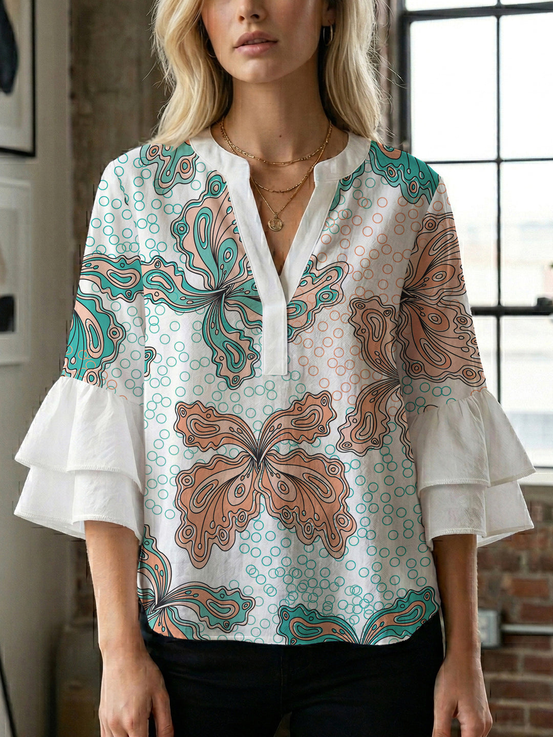 Women's blouse with voluminous ruffle sleeves and creative floral design Lisslune