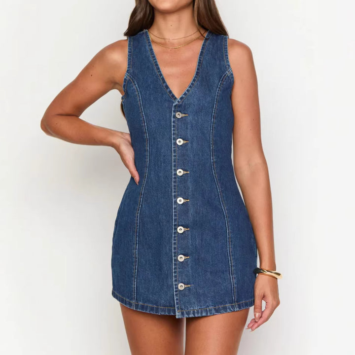 Women’s Denim Dress with V-neck and Button Placket Lisslune