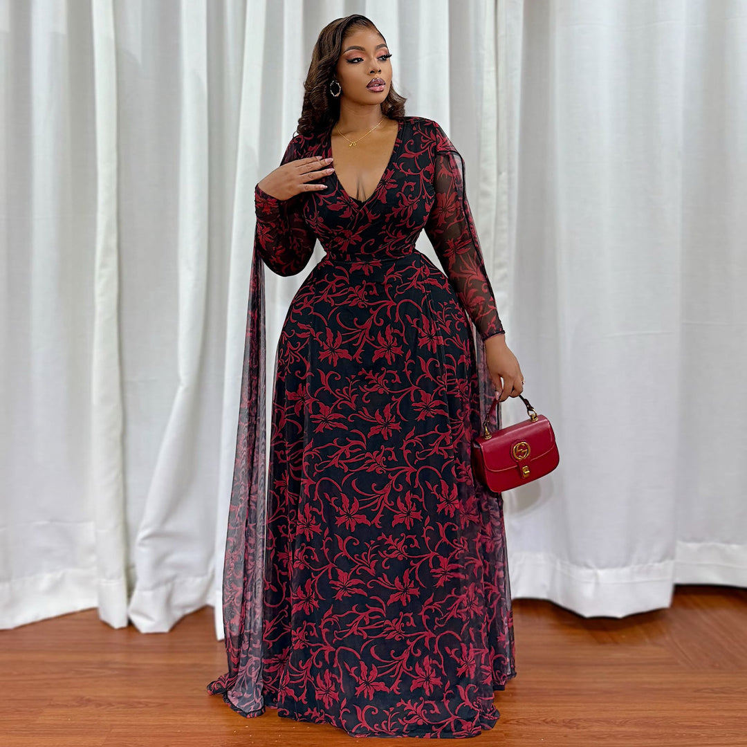 Women's maxi dress with floral transparent design and elegant sleeves Lisslune