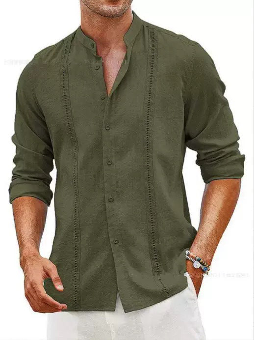 Men's Long Sleeve Linen Shirt with Stand Collar and Fine Embroidery Details Lisslune