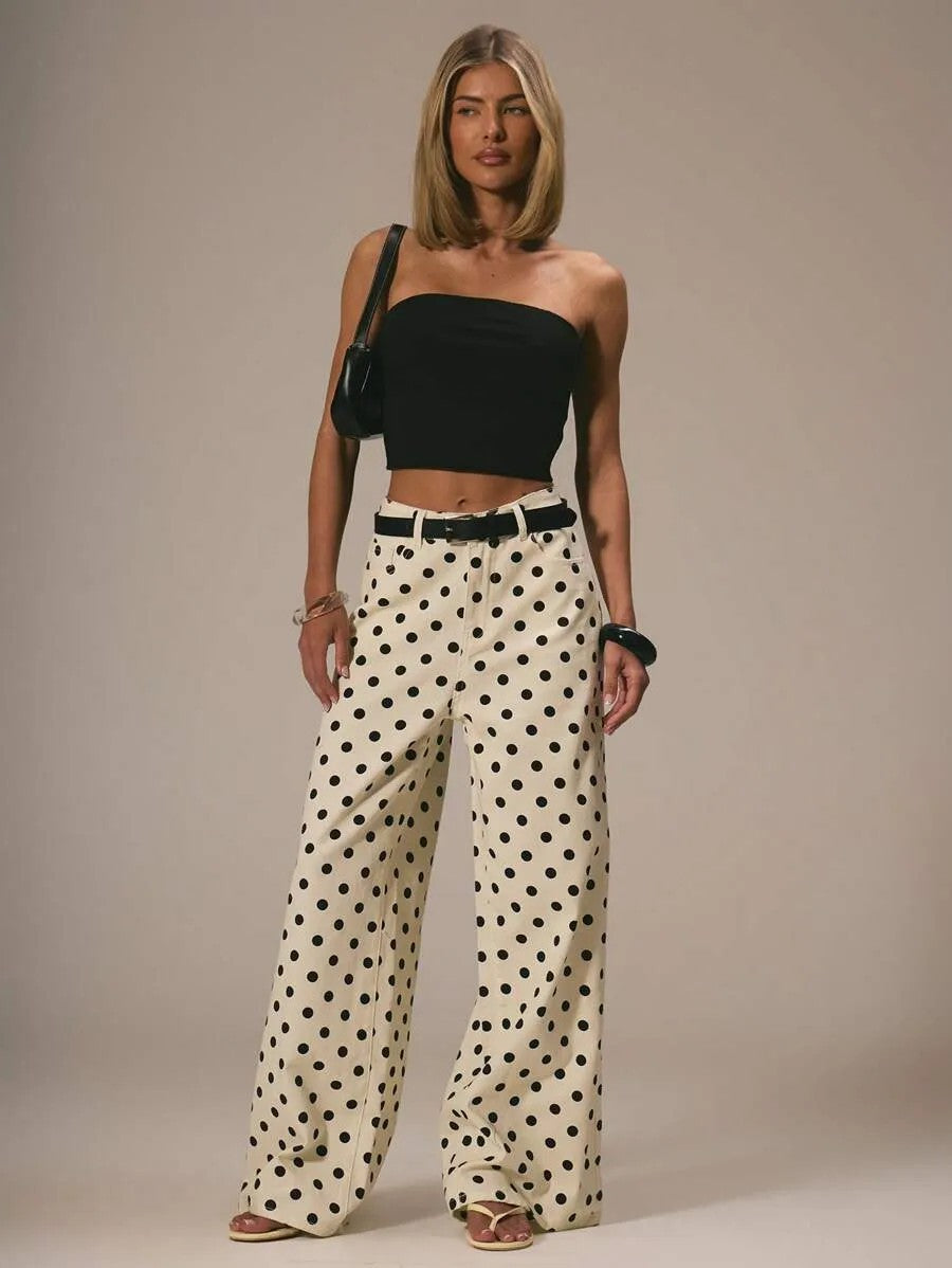 Damen weite Polka-Dot Palazzo-Hosen mit high-waist Schnitt Lisslune