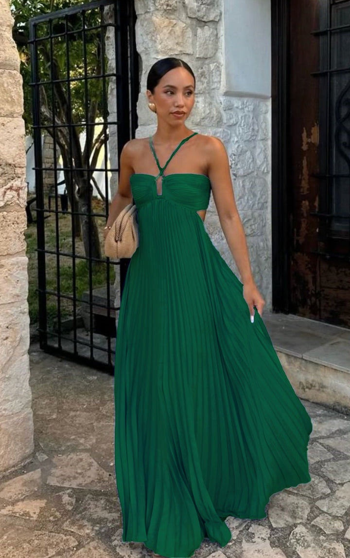 Women's pleated dress with off-the-shoulder design and refined strap details