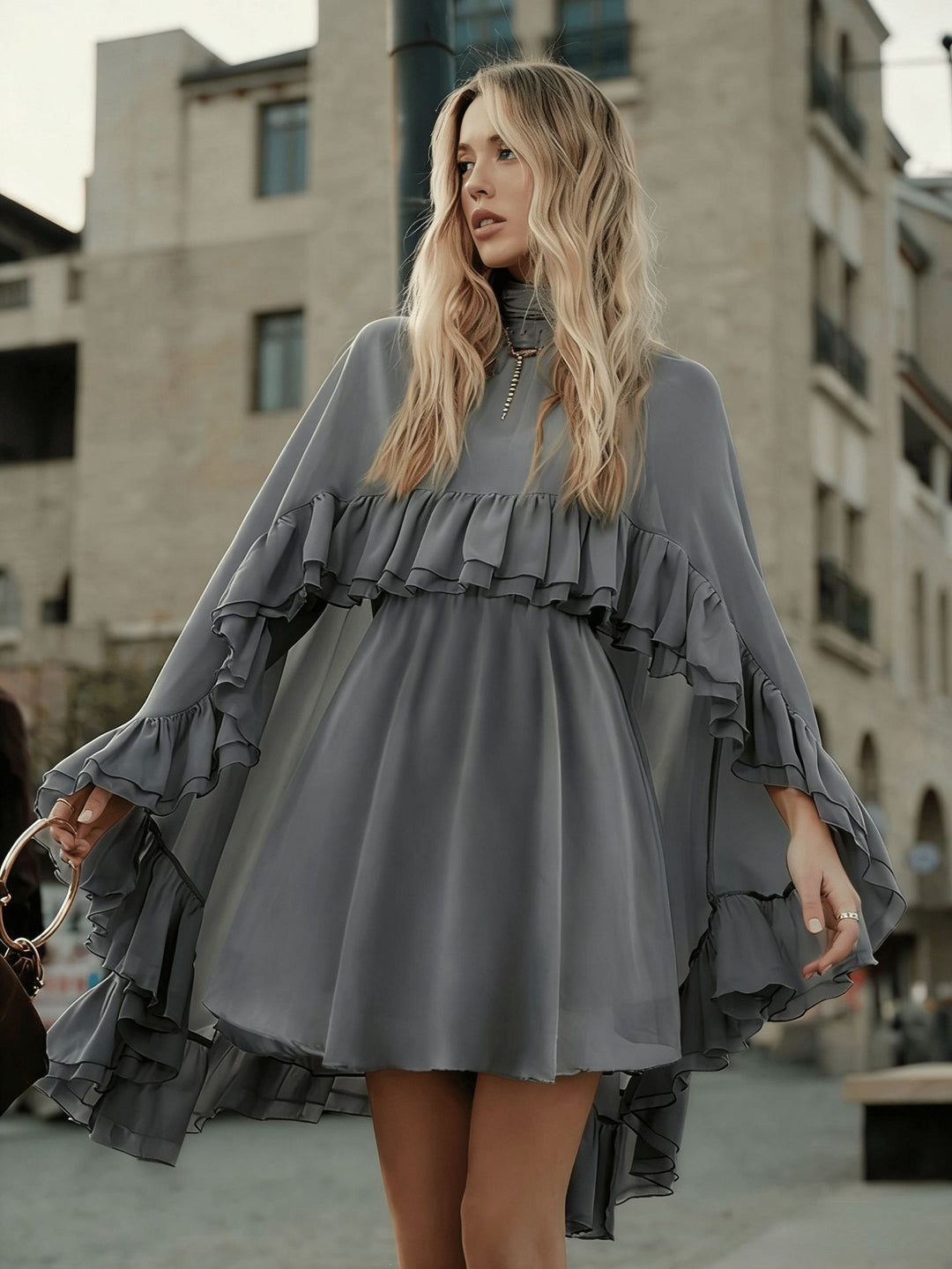 Damen Elegantes Rüschendress mit hochgeschlossenem Ausschnitt und fließendem Schnitt Lisslune