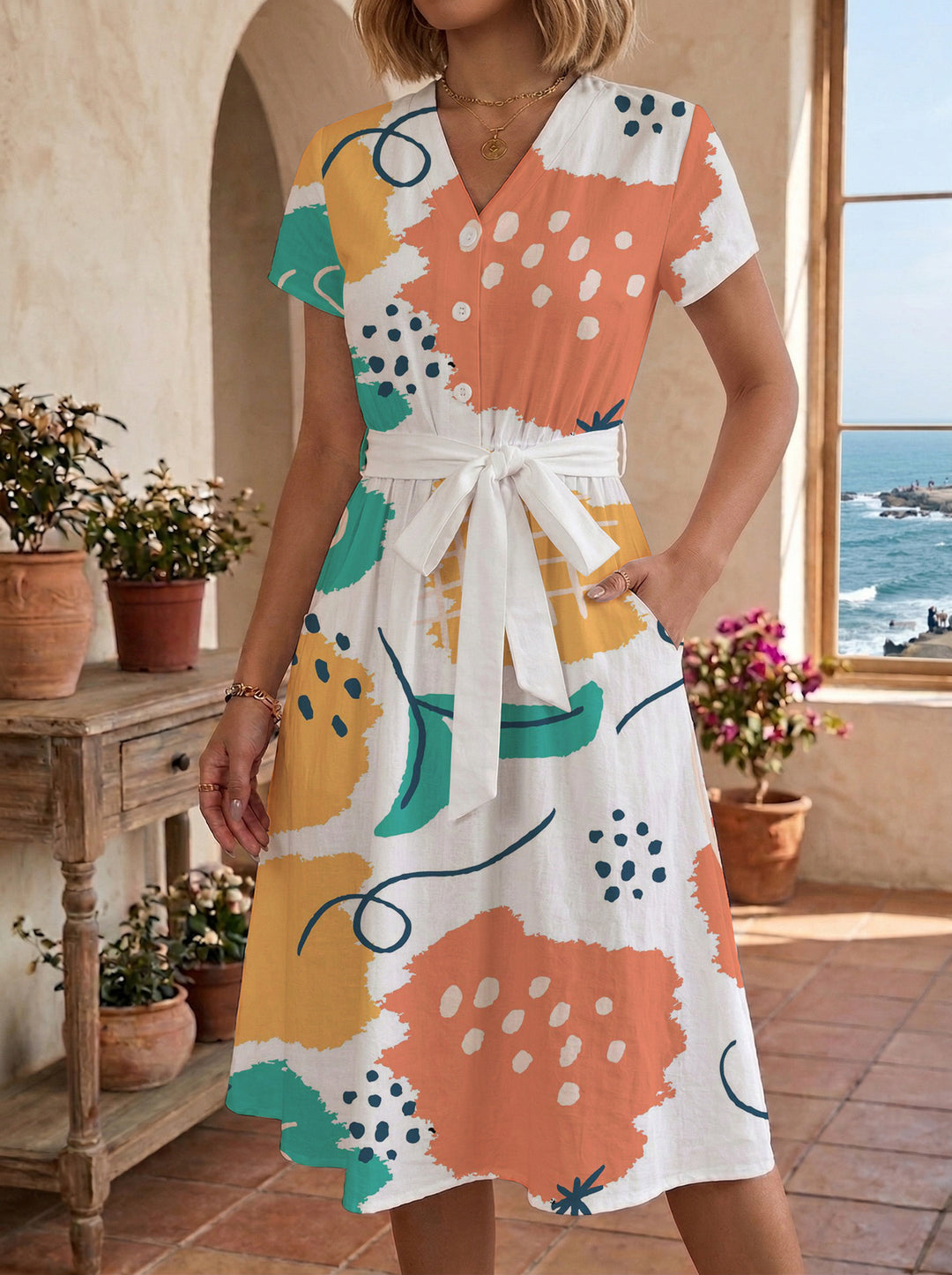 Women’s midi dress with colorful floral design and adjustable tie belt Lisslune