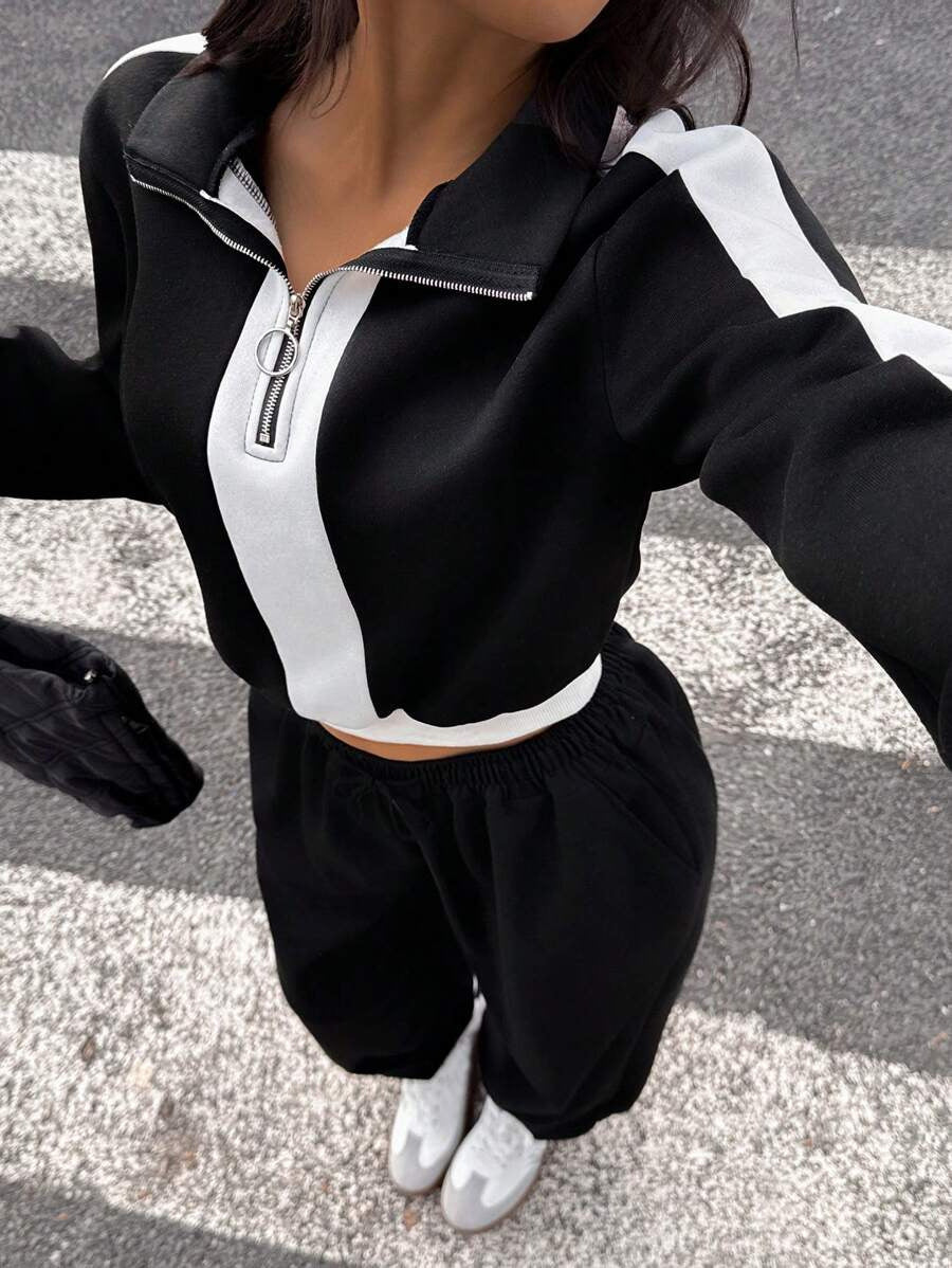 Women's sporty loungewear set with half-wide and elegant contrast stripes Lisslune