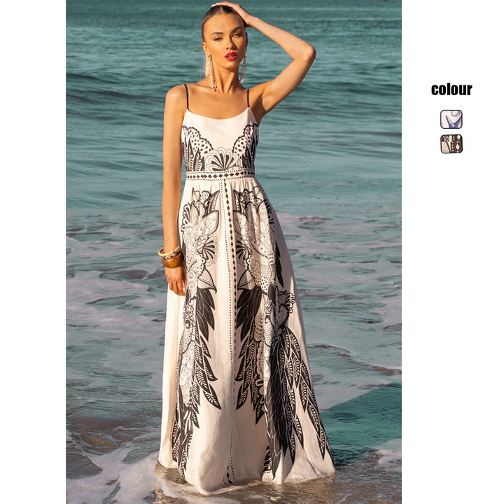 Women's maxi dress with fine straps and artistic graphic print