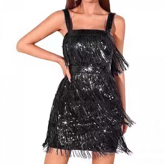 Women Glamorous Fringe Cocktail Dress with Sequins and Deep V-Neck