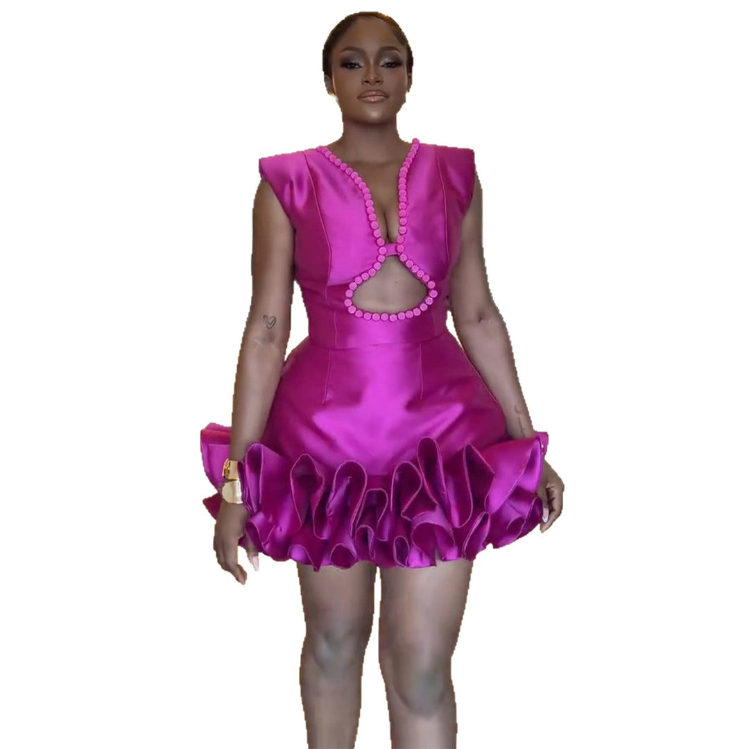 Women's mini dress with deep neckline and voluminous ruffle details