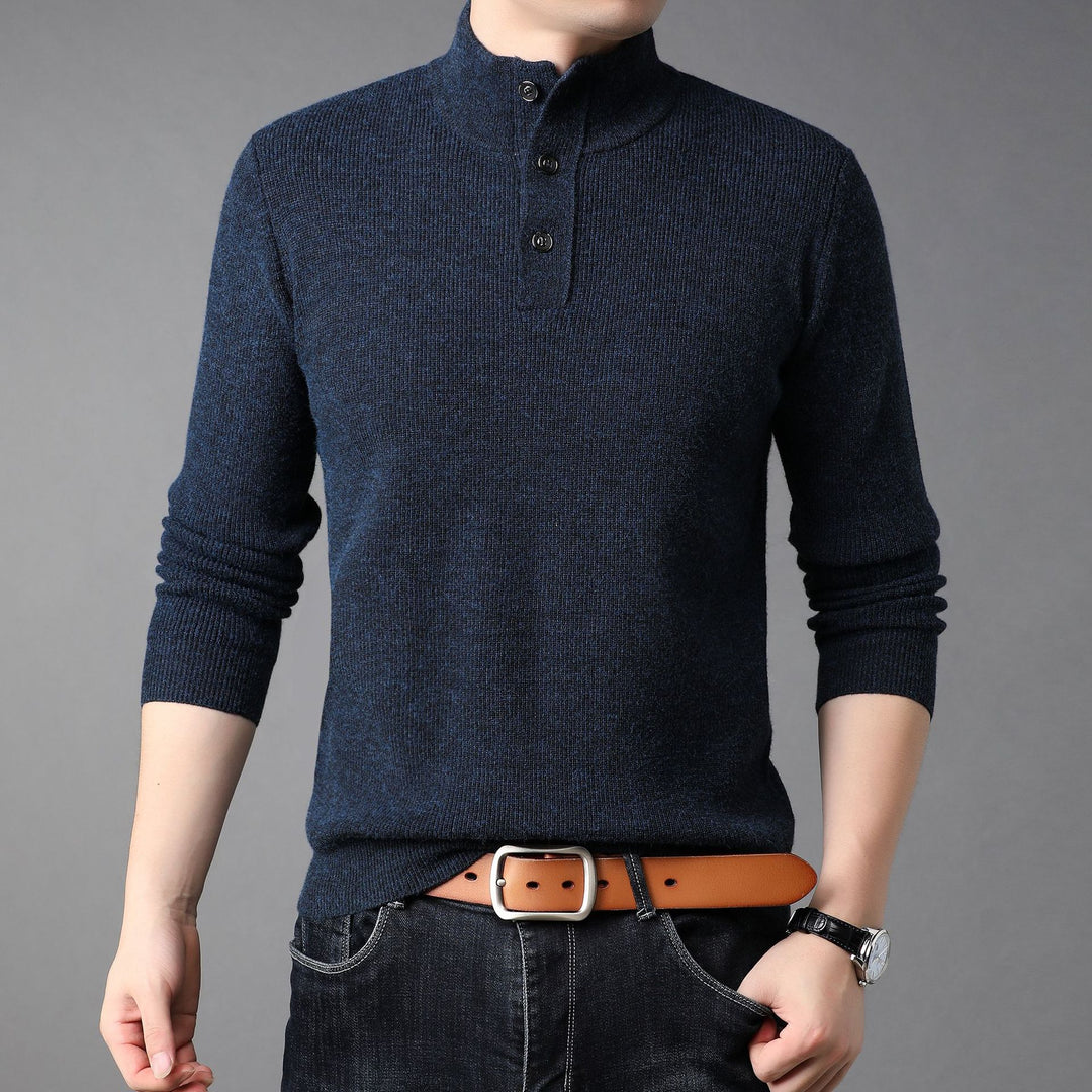 Men's Fine Knit Sweater with High Collar and Button Placket Lisslune