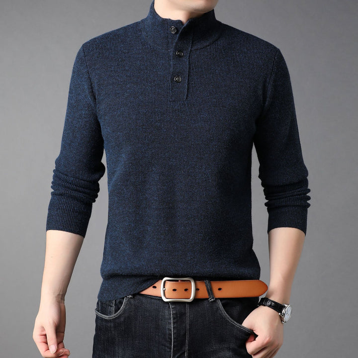 Men's Fine Knit Sweater with High Collar and Button Placket Lisslune