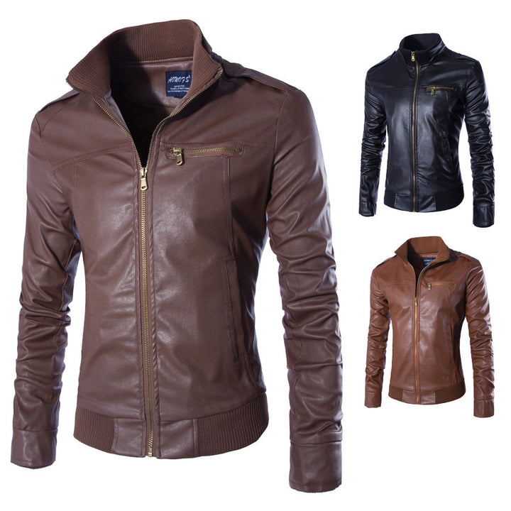 Men's fashionable synthetic leather jacket with zipper and fixed collar Lisslune