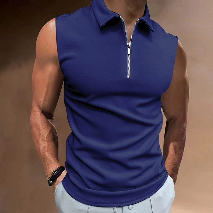 Men's Short Sleeve Polo Shirt with Modern Stand-Up Collar and Functional Zipper Lisslune