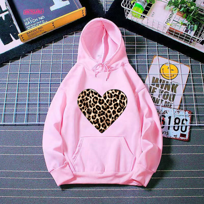 Ladies hooded sweatshirt with heart-shaped leopard pattern Lisslune