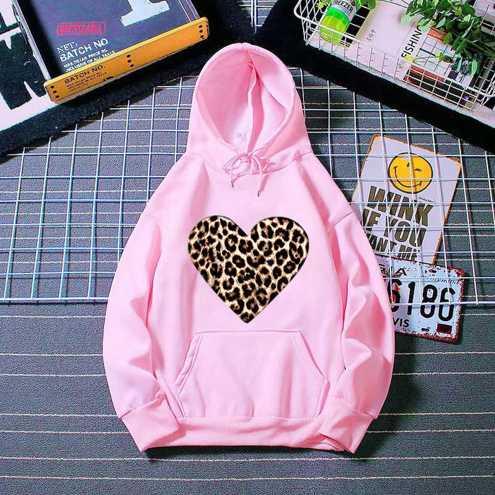 Ladies hooded sweatshirt with heart-shaped leopard pattern Lisslune
