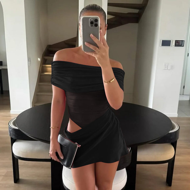 Women's Off-Shoulder Mini Dress with Figure-Hugging Ruffle Design and Asymmetrical Hem