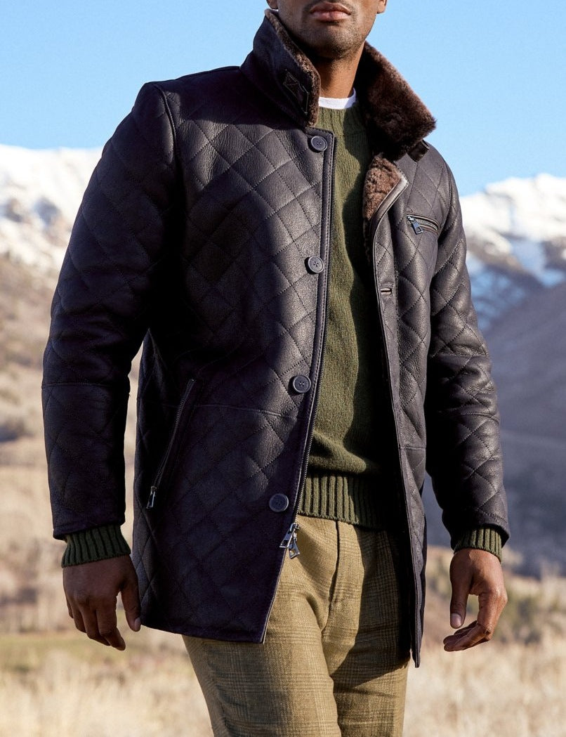 Men's quilted lamb leather coat with plush collar Lisslune