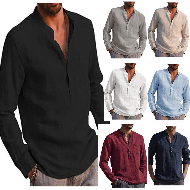 Men's linen shirt with classic Henley neckline and chest pocket Lisslune