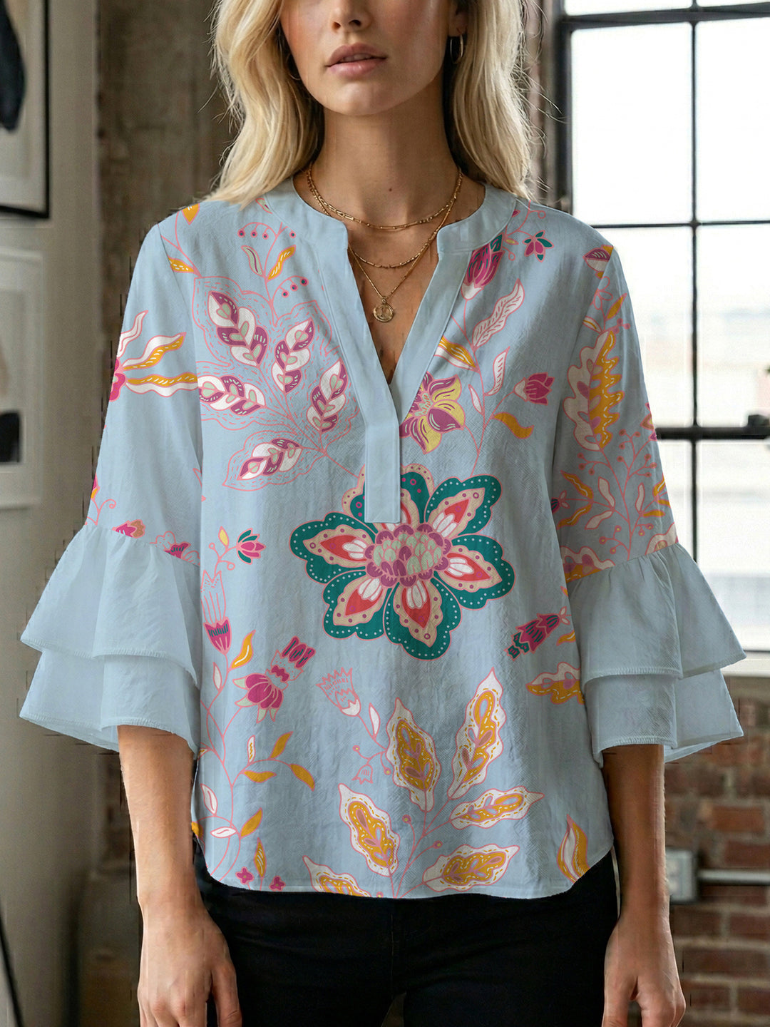 Women's blouse with voluminous ruffle sleeves and creative floral design Lisslune