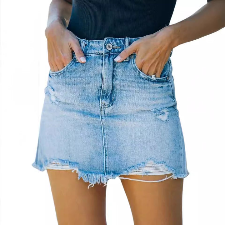 Women's denim skirt in a casual used look with fringed hems Lisslune
