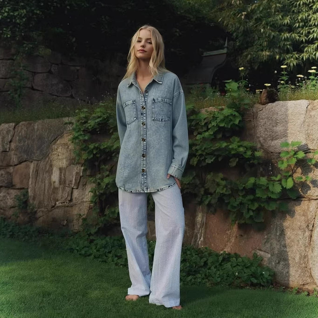 Women's Oversized Denim Shirt with Patch Pockets Lisslune