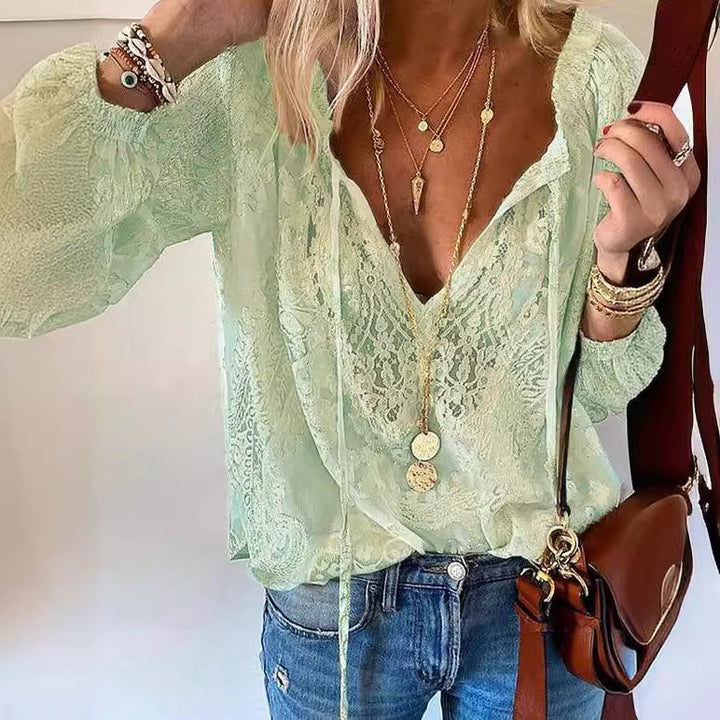 Women's elegant blouse with fine lace and deep V-neck Lisslune
