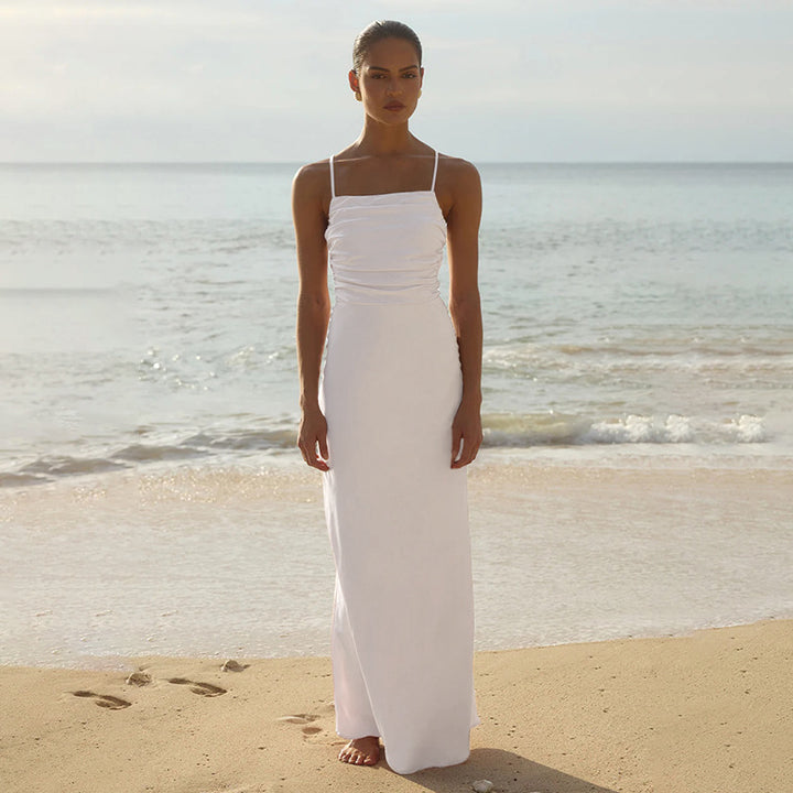 Women's elegant maxi dress with refined gathering and adjustable spaghetti straps