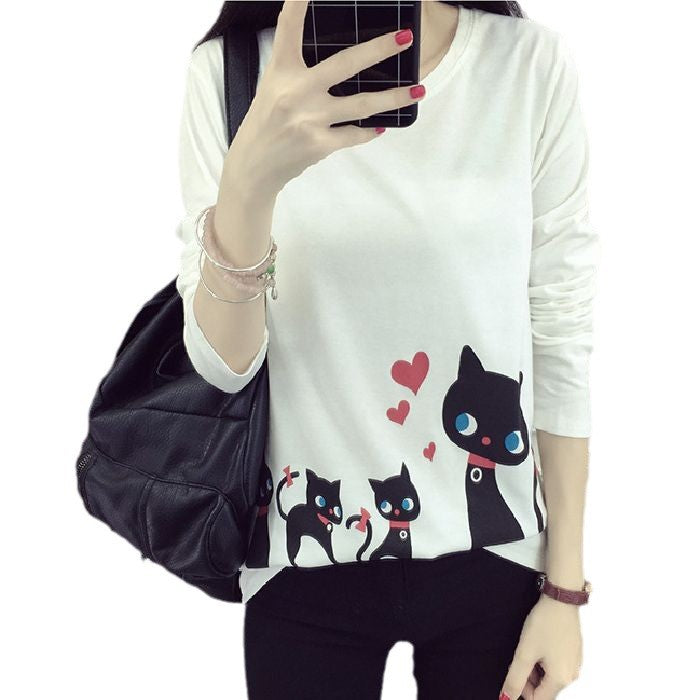 Women's Long Sleeve T-Shirt with Creative Cat Design Lisslune
