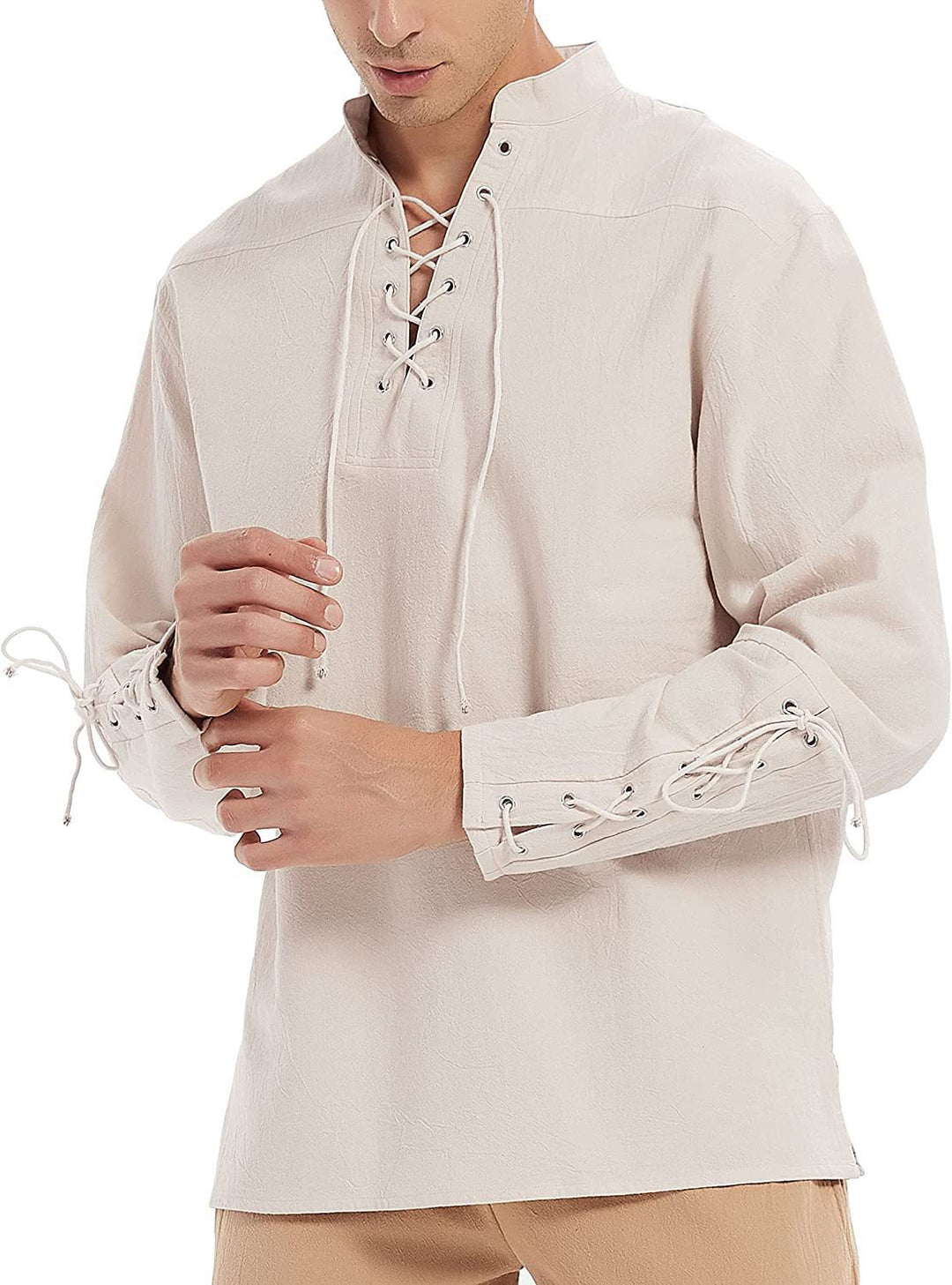 Men's linen shirt with original lacing design and casual stand-up collar Lisslune