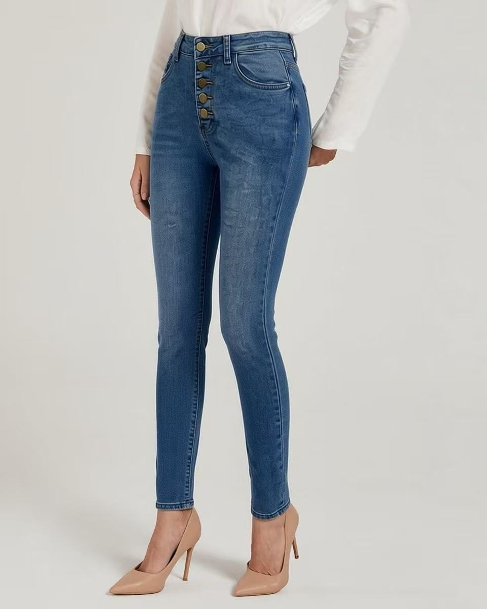 Damen Slim-Fit Jeans mit eleganter Knopfleiste und hohem Bund Lisslune