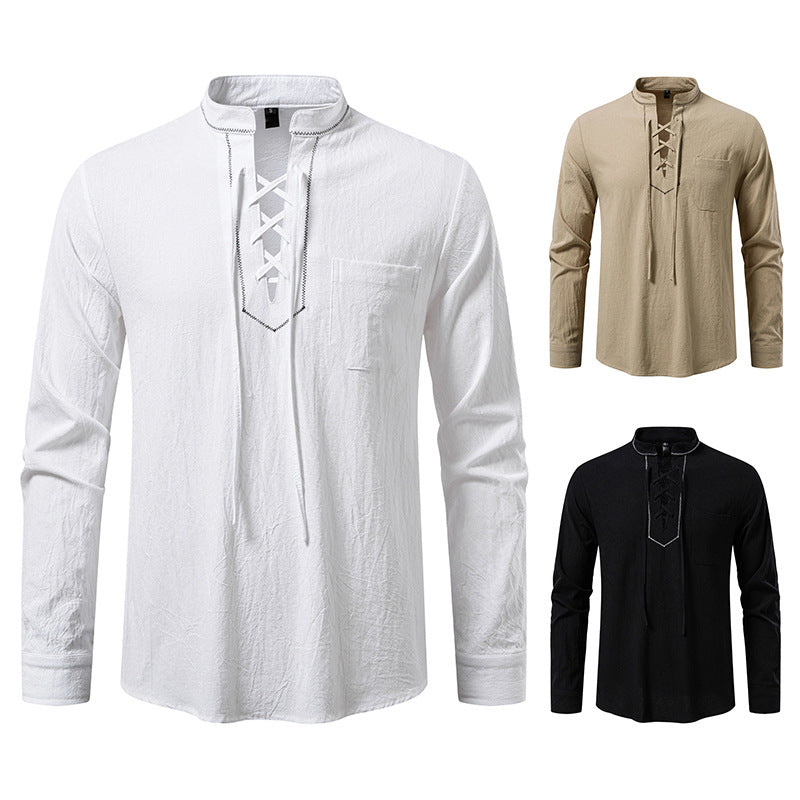 Men's long sleeve shirt with high-quality stand-up collar and decorative lacing Lisslune