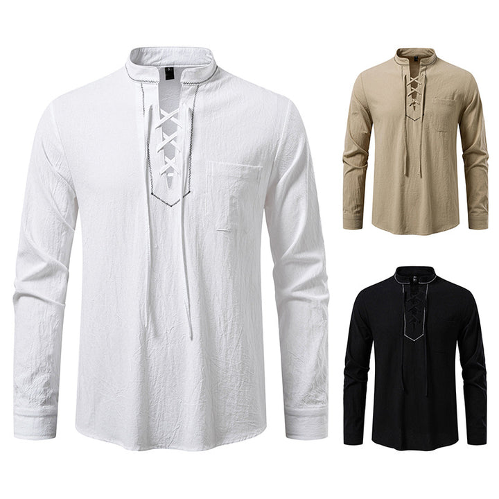 Men's long sleeve shirt with high-quality stand-up collar and decorative lacing Lisslune