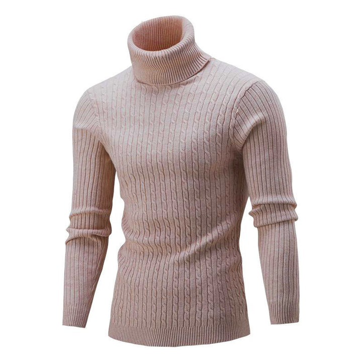 Men's Elegant Knit Sweater with Stand-Up Collar and Fine Cable Knit Pattern Lisslune