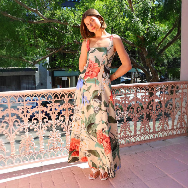 Women's maxi dress with floral design and fitted silhouette