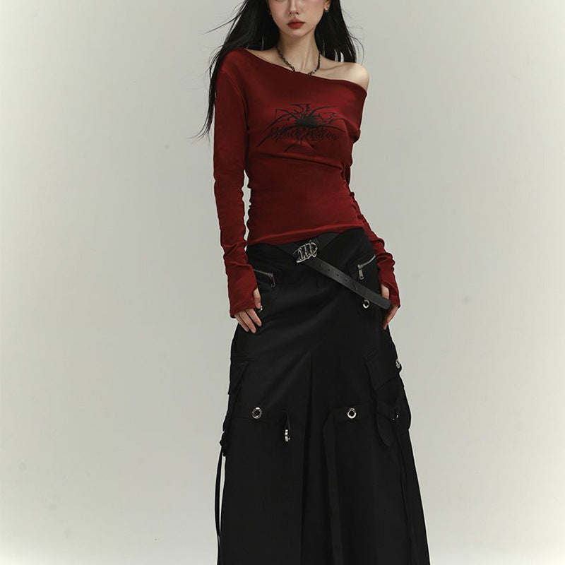 Women's long sleeve shirt with asymmetric neckline and graphic print