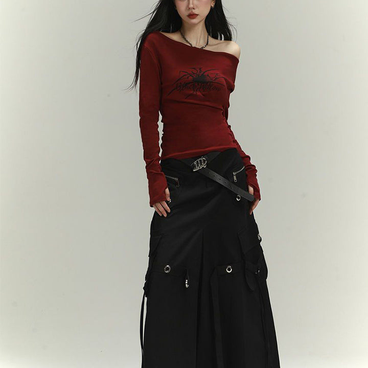 Women's long sleeve shirt with asymmetric neckline and graphic print